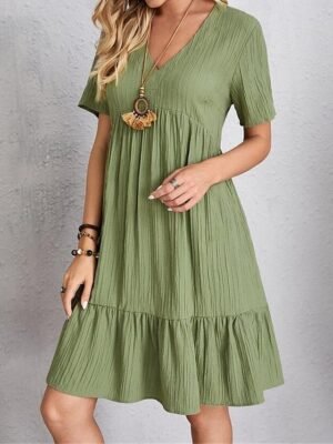 Casual Loose Plain V Neck Short Sleeve Mini Dress - Image 20