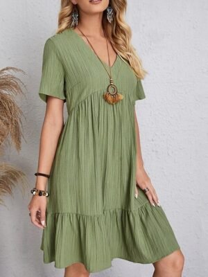 Casual Loose Plain V Neck Short Sleeve Mini Dress - Image 21
