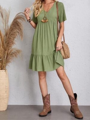 Casual Loose Plain V Neck Short Sleeve Mini Dress - Image 22