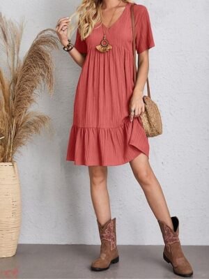 Casual Loose Plain V Neck Short Sleeve Mini Dress - Image 23