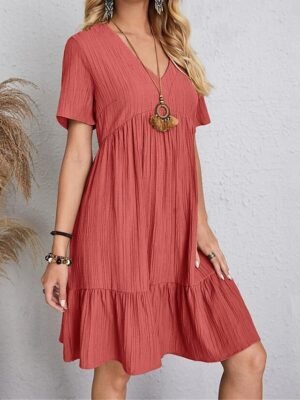 Casual Loose Plain V Neck Short Sleeve Mini Dress - Image 25