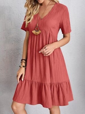 Casual Loose Plain V Neck Short Sleeve Mini Dress - Image 26