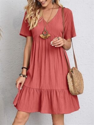 Casual Loose Plain V Neck Short Sleeve Mini Dress - Image 27