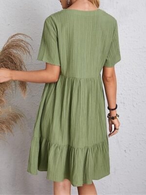 Casual Loose Plain V Neck Short Sleeve Mini Dress - Image 4