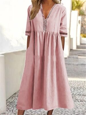Casual Loose Plain V Neck Short Sleeve Midi Dress - Image 4