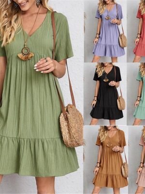 Casual Loose Plain V Neck Short Sleeve Mini Dress - Image 5