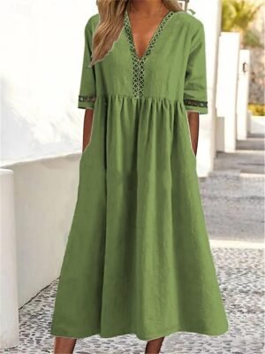 Casual Loose Plain V Neck Short Sleeve Midi Dress - Image 5
