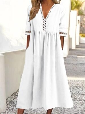 Casual Loose Plain V Neck Short Sleeve Midi Dress - Image 6