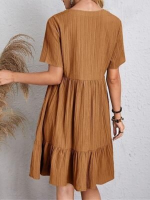 Casual Loose Plain V Neck Short Sleeve Mini Dress - Image 6