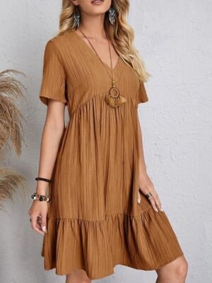 Casual Loose Plain V Neck Short Sleeve Mini Dress - Image 7