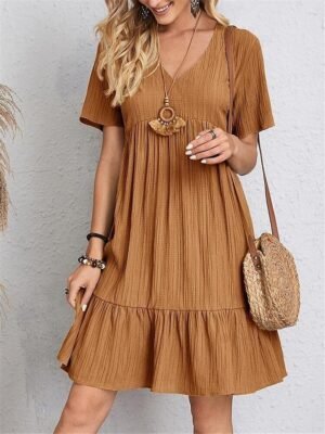 Casual Loose Plain V Neck Short Sleeve Mini Dress - Image 8