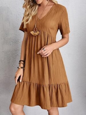 Casual Loose Plain V Neck Short Sleeve Mini Dress - Image 9