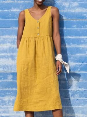 Casual Loose Plain V Neck Tank Midi Dress - Image 4