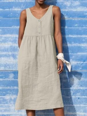 Casual Loose Plain V Neck Tank Midi Dress - Image 8