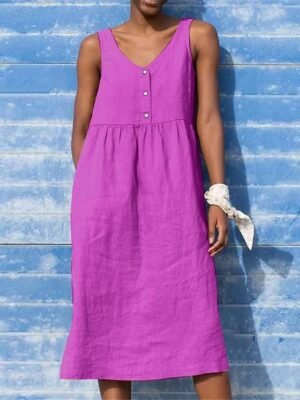 Casual Loose Plain V Neck Tank Midi Dress - Image 9