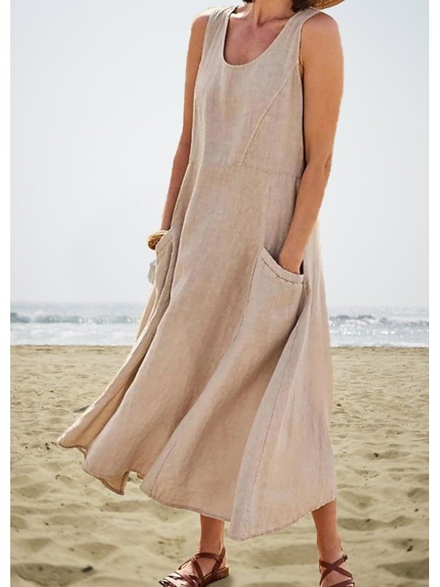 Casual Loose Pocket Crew Neck Sleeveless Midi Shift Dress - Image 1