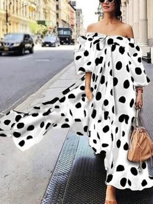 Casual Loose Polka Dot Off Shoulder Sleeveless Maxi Dress - Image 3