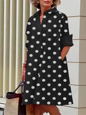 Casual Loose Polka Dot Shirt Collar 3/4 Sleeve Midi Dress - Image 1