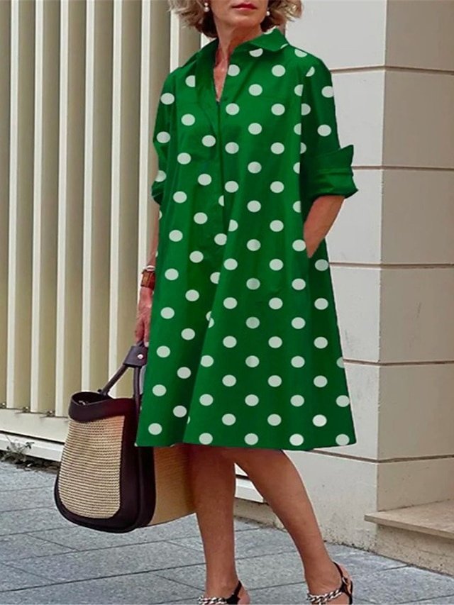 Casual Loose Polka Dot Shirt Collar 3/4 Sleeve Midi Dress - Image 2