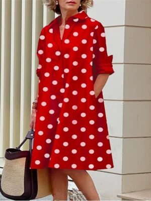 Casual Loose Polka Dot Shirt Collar 3/4 Sleeve Midi Dress - Image 3
