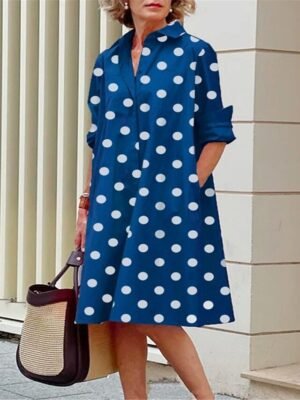 Casual Loose Polka Dot Shirt Collar 3/4 Sleeve Midi Dress - Image 4