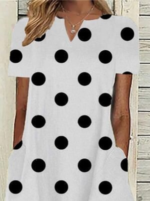 Casual Loose Polka Dot V Neck Short Sleeve Midi Dress - Image 3
