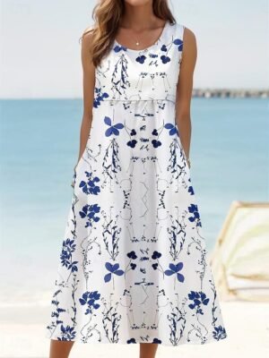 Casual Loose Print Crew Neck Sleeveless Midi Tank Dress - Image 10