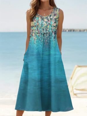 Casual Loose Print Crew Neck Sleeveless Midi Tank Dress - Image 2