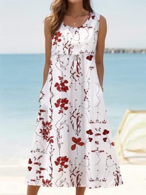 Casual Loose Print Crew Neck Sleeveless Midi Tank Dress - Image 4