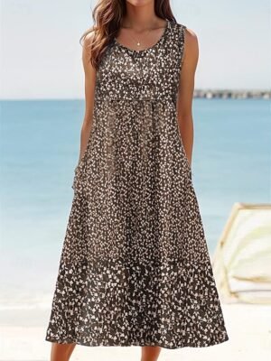 Casual Loose Print Crew Neck Sleeveless Midi Tank Dress - Image 8