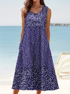 Casual Loose Print Crew Neck Sleeveless Midi Tank Dress - Image 9