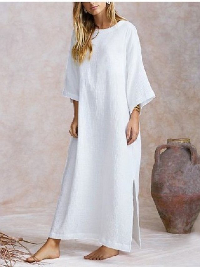 Casual Loose Pure Colour Crew Neck Long Sleeve Maxi Dress - Image 1
