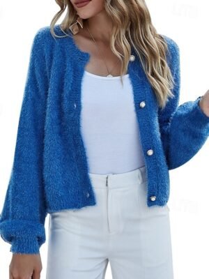 Casual Loose Pure Colour Crew Neck Long Sleeve Knitted Jumper - Image 3