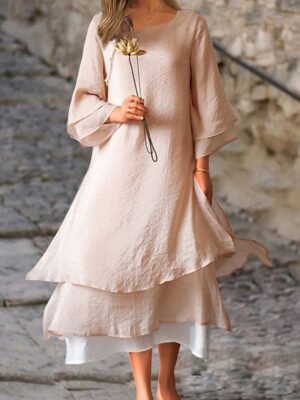 Casual Loose Pure Colour Crew Neck Short Sleeve Midi Dress - Image 1