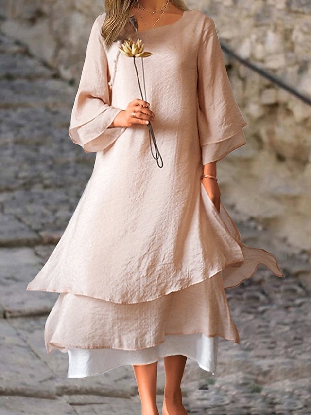 Casual Loose Pure Colour Crew Neck Short Sleeve Midi Dress - Image 1