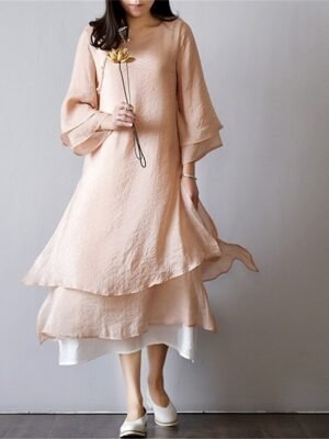 Casual Loose Pure Colour Crew Neck Short Sleeve Midi Dress - Image 4