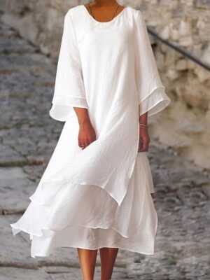 Casual Loose Pure Colour Crew Neck Short Sleeve Midi Dress - Image 5