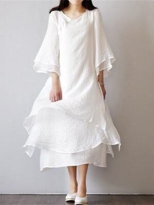 Casual Loose Pure Colour Crew Neck Short Sleeve Midi Dress - Image 6