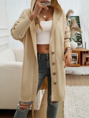 Casual Loose Pure Colour Hooded Long Sleeve Long Cardigan - Image 1