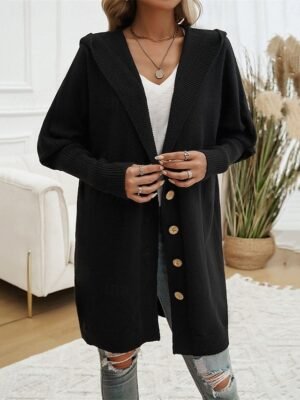 Casual Loose Pure Colour Hooded Long Sleeve Long Cardigan - Image 14