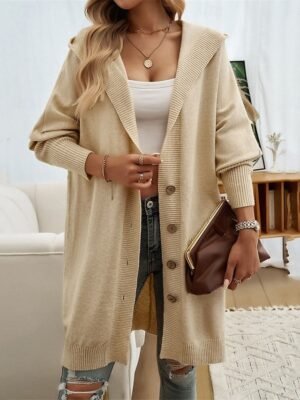 Casual Loose Pure Colour Hooded Long Sleeve Long Cardigan - Image 3