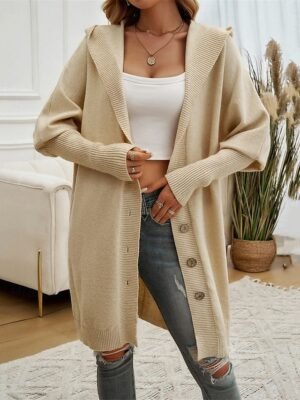 Casual Loose Pure Colour Hooded Long Sleeve Long Cardigan - Image 4