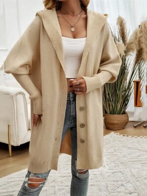Casual Loose Pure Colour Hooded Long Sleeve Long Cardigan - Image 5