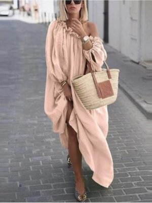 Casual Loose Pure Colour One Shoulder Long Sleeve Maxi Dress - Image 2