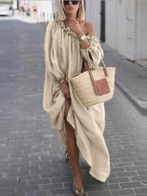 Casual Loose Pure Colour One Shoulder Long Sleeve Maxi Dress - Image 3