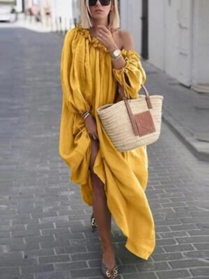 Casual Loose Pure Colour One Shoulder Long Sleeve Maxi Dress - Image 5