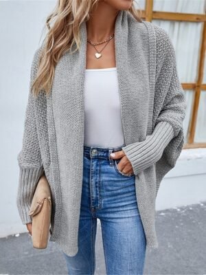 Casual Loose Pure Colour Open Front Batwing Long Sleeve Regular Cardigan - Image 1