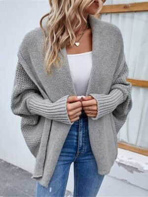 Casual Loose Pure Colour Open Front Batwing Long Sleeve Regular Cardigan - Image 5