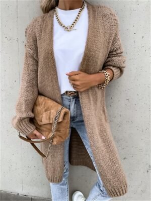 Casual Loose Pure Colour Open Front Long Sleeve Long Cardigan - Image 1