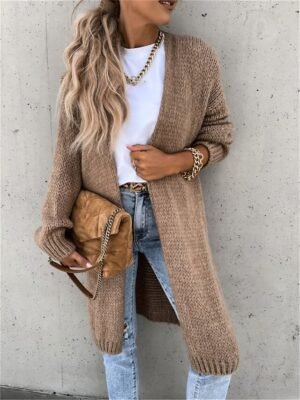 Casual Loose Pure Colour Open Front Long Sleeve Long Cardigan - Image 2